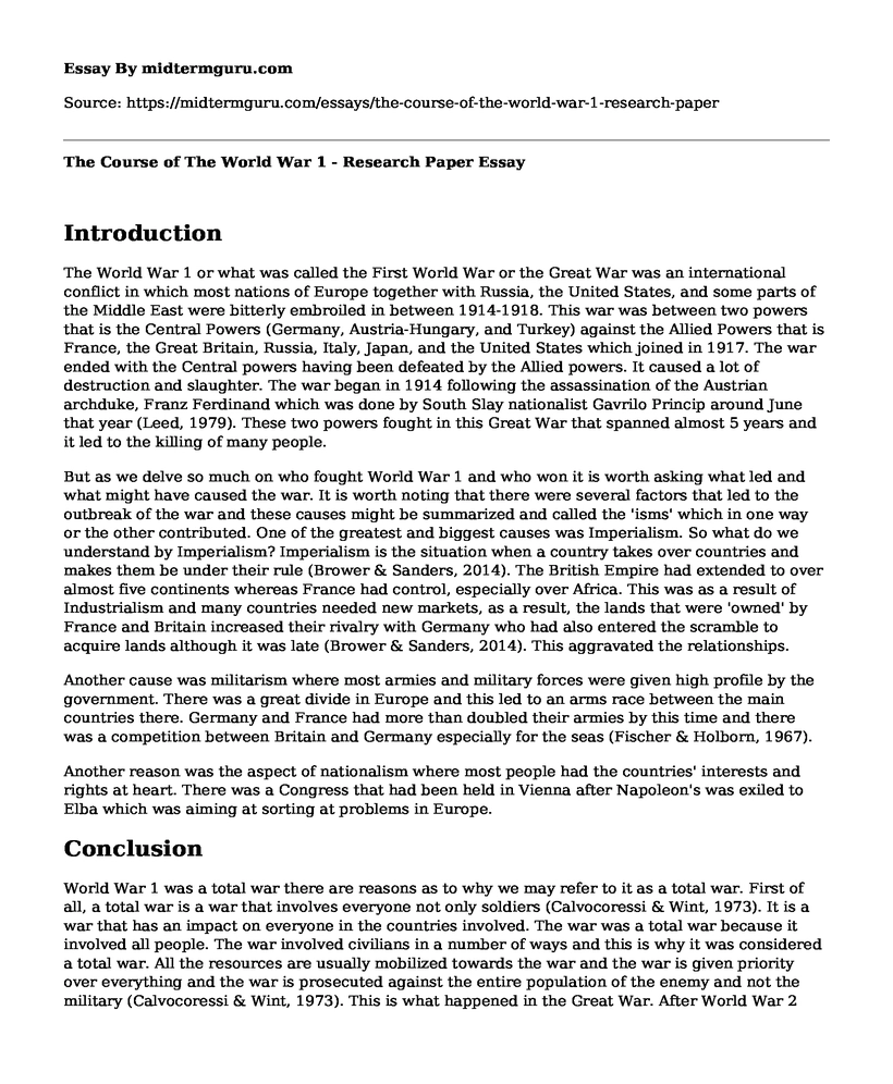 The Course of The World War 1 - Research Paper