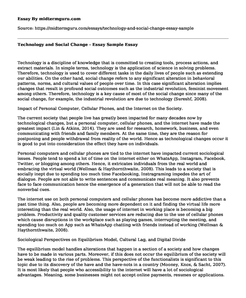 Technology and Social Change - Essay Sample