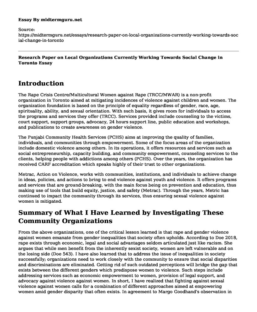 Research Paper on Local Organizations Currently Working Towards Social Change in Toronto