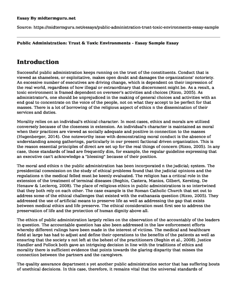 Public Administration: Trust & Toxic Environments - Essay Sample