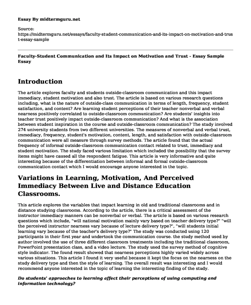 Faculty-Student Communication and Its Impact on Motivation and Trust - Essay Sample
