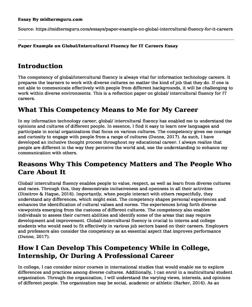 Paper Example on Global/Intercultural Fluency for IT Careers