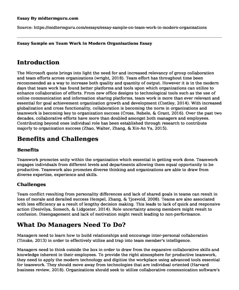 Essay Sample on Team Work in Modern Organisations
