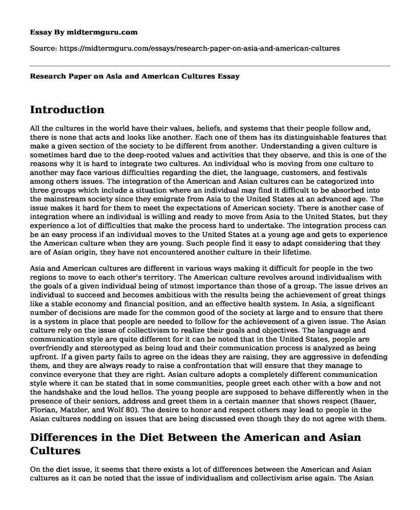 Research Paper on Asia and American Cultures