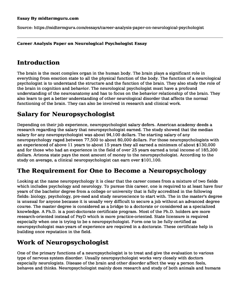 Career Analysis Paper on Neurological Psychologist
