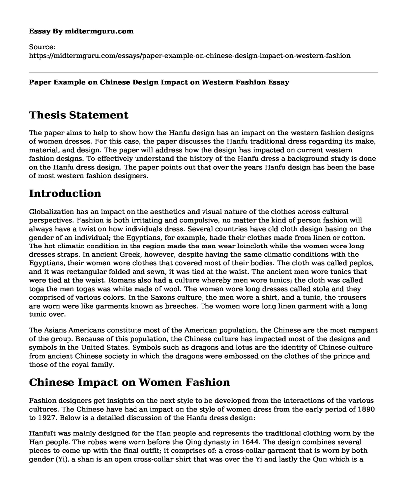 Paper Example on Chinese Design Impact on Western Fashion
