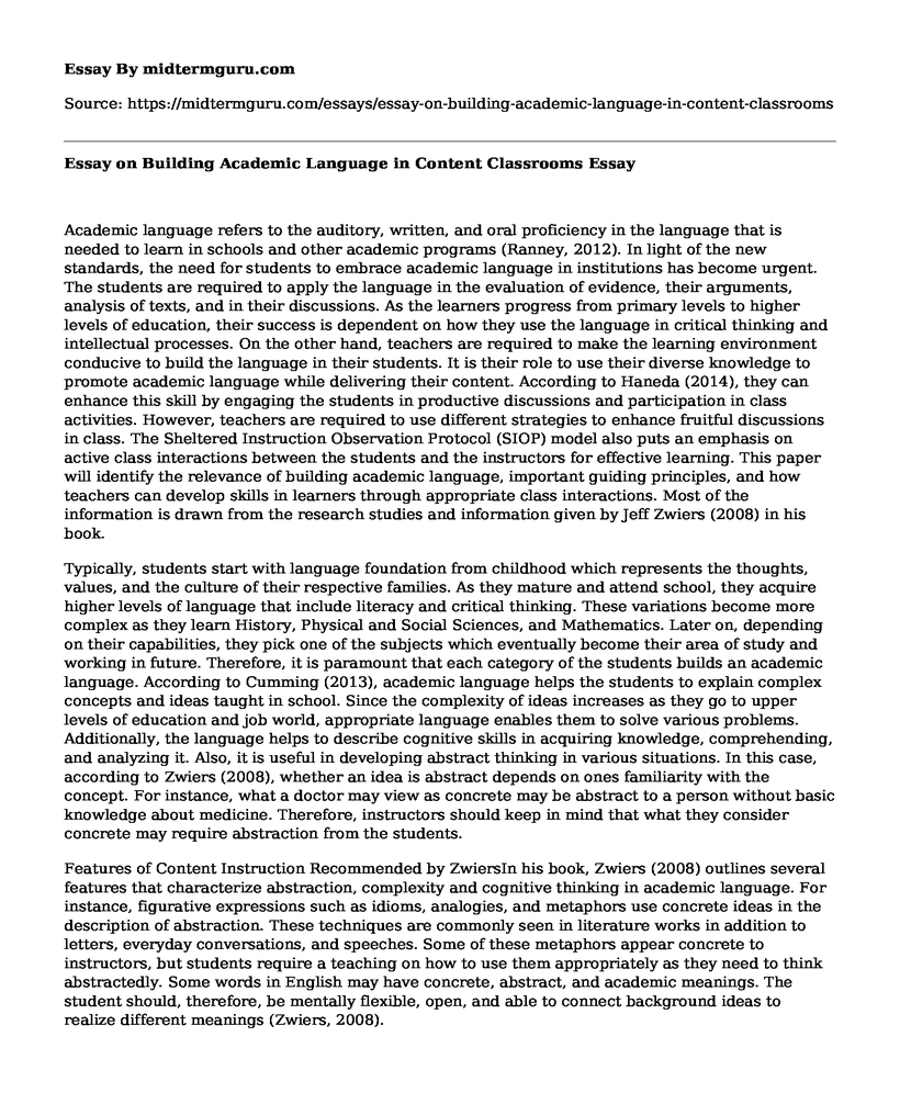 Essay on Building Academic Language in Content Classrooms