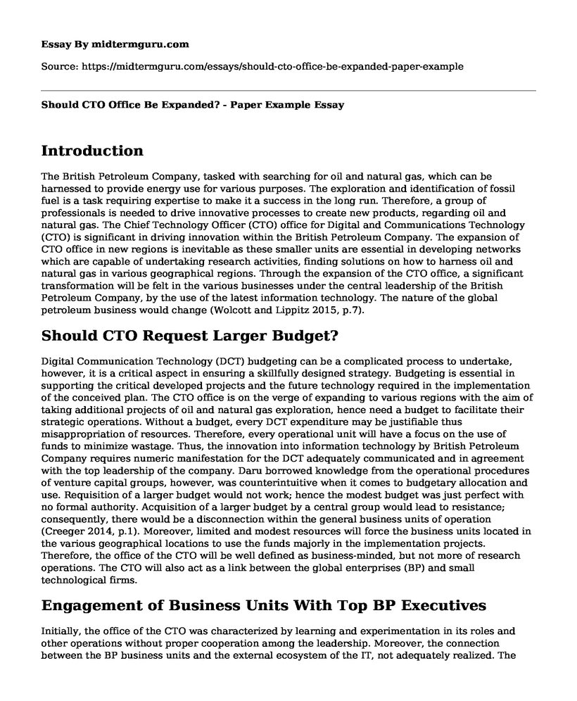 Should CTO Office Be Expanded? - Paper Example