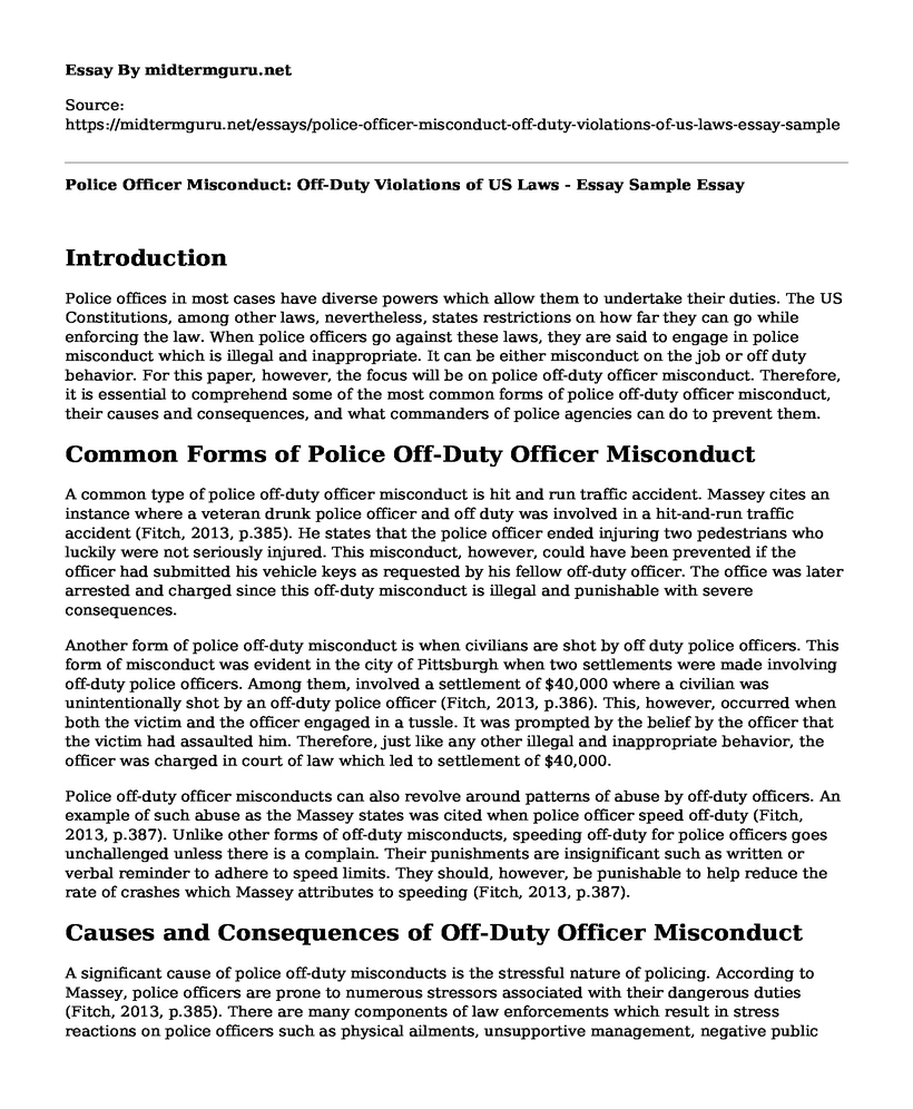 Police Officer Misconduct: Off-Duty Violations of US Laws - Essay Sample