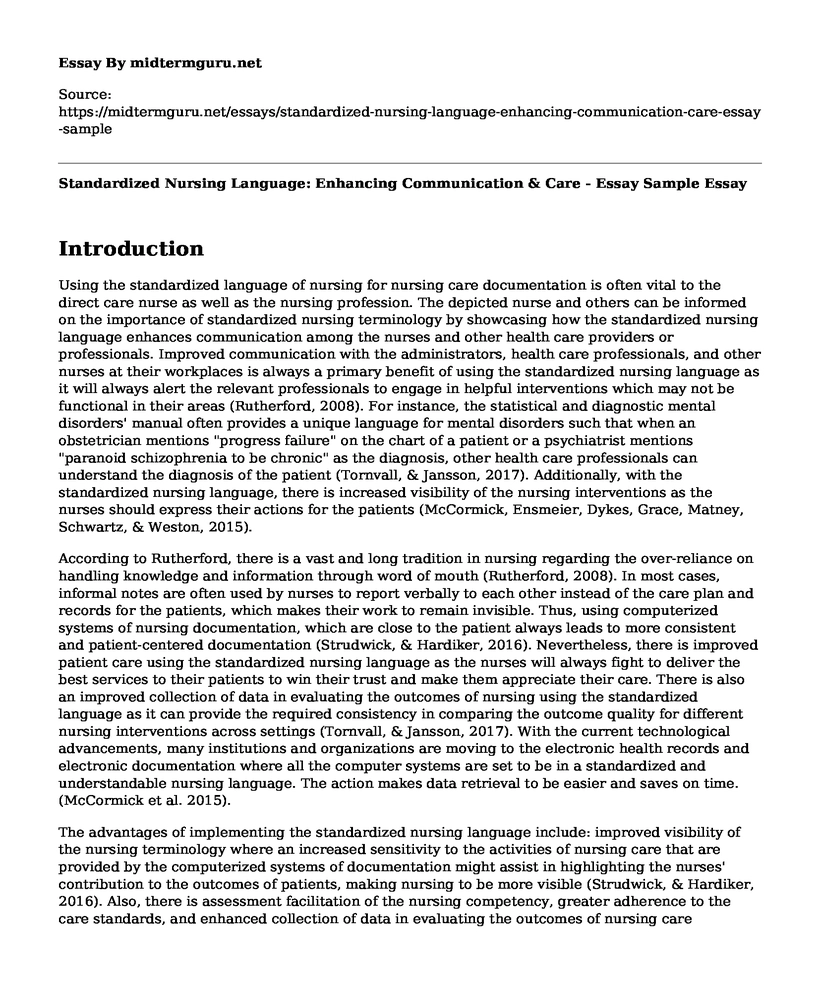 Standardized Nursing Language: Enhancing Communication & Care - Essay Sample
