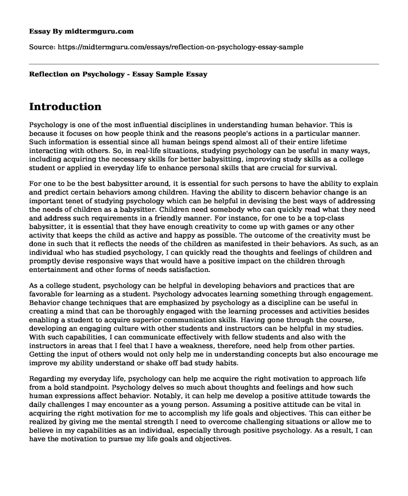 Reflection on Psychology - Essay Sample