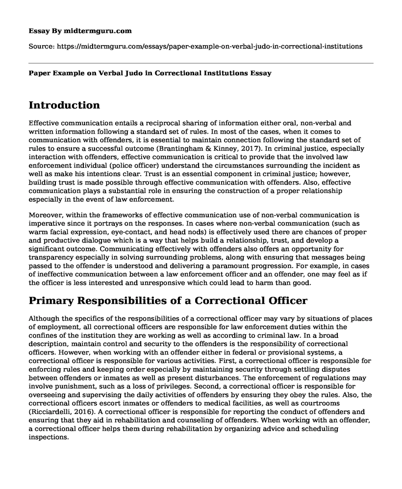 Paper Example on Verbal Judo in Correctional Institutions