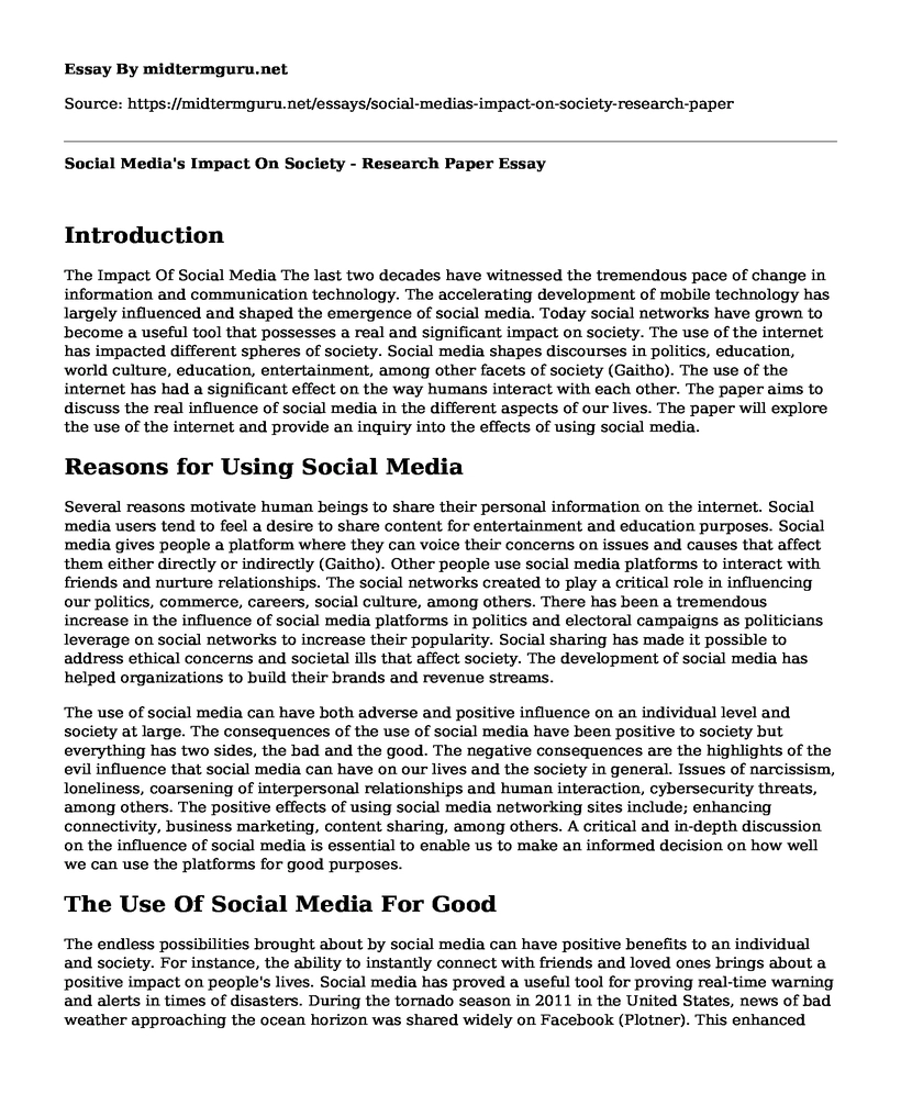 Social Media's Impact On Society - Research Paper