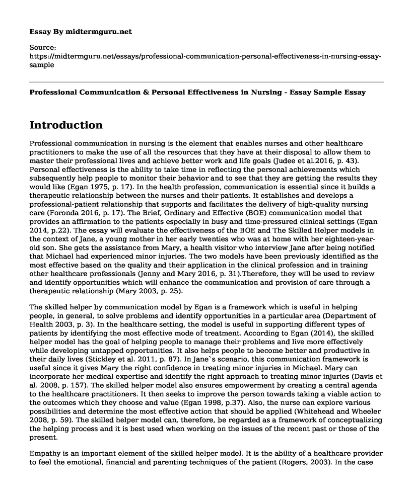 Professional Communication & Personal Effectiveness in Nursing - Essay Sample