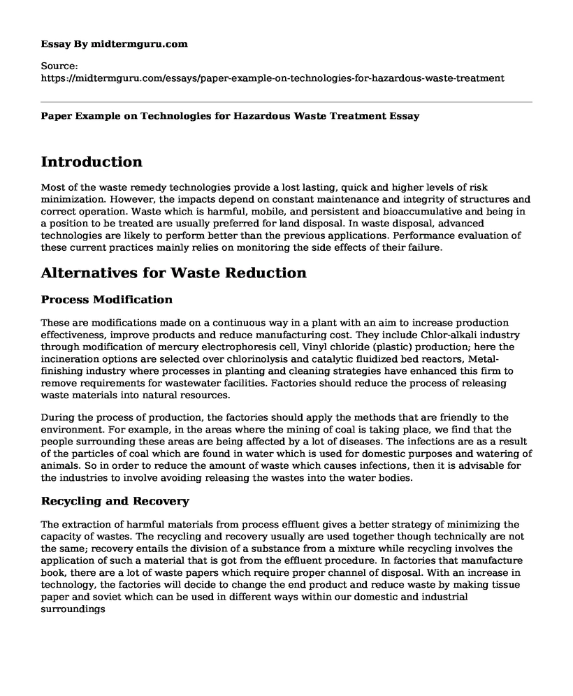 Paper Example on Technologies for Hazardous Waste Treatment