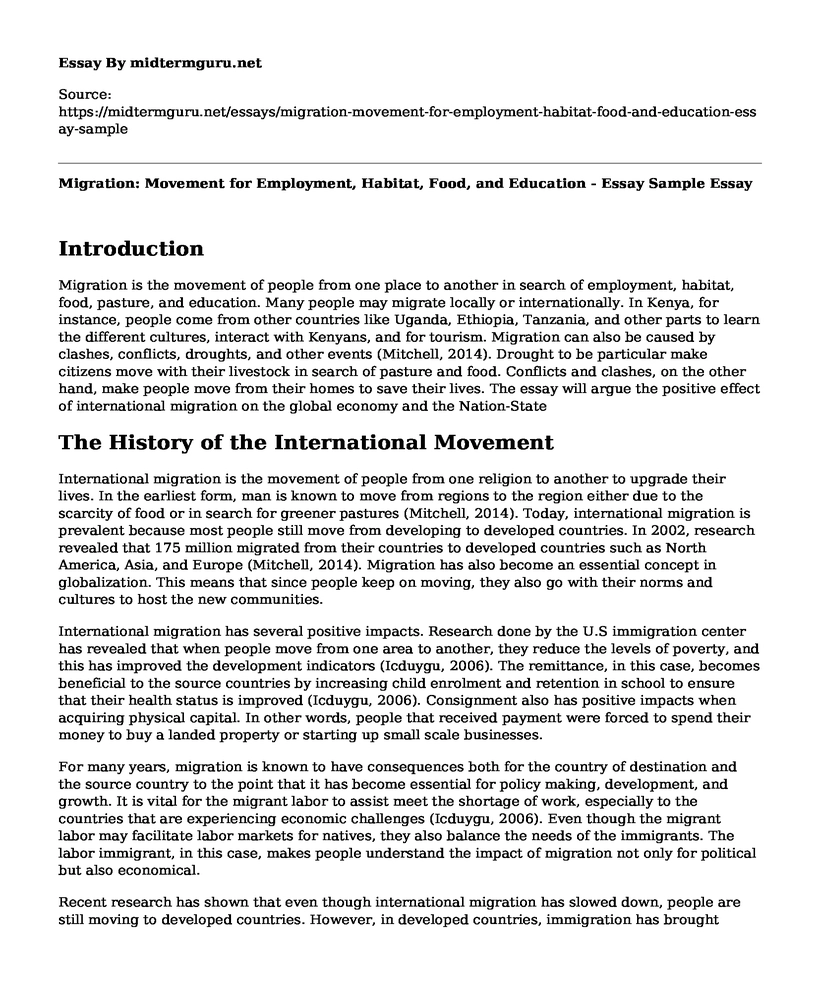Migration: Movement for Employment, Habitat, Food, and Education - Essay Sample