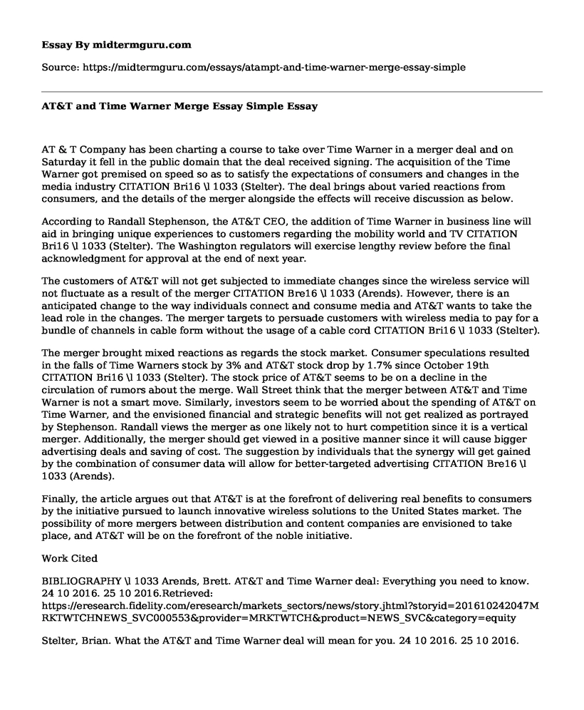 AT&T and Time Warner Merge Essay Simple