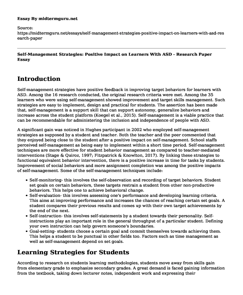 Self-Management Strategies: Positive Impact on Learners With ASD - Research Paper