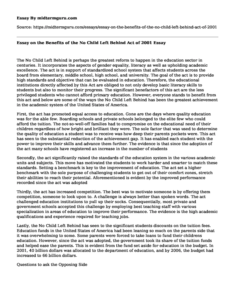 Essay on the Benefits of the No Child Left Behind Act of 2001