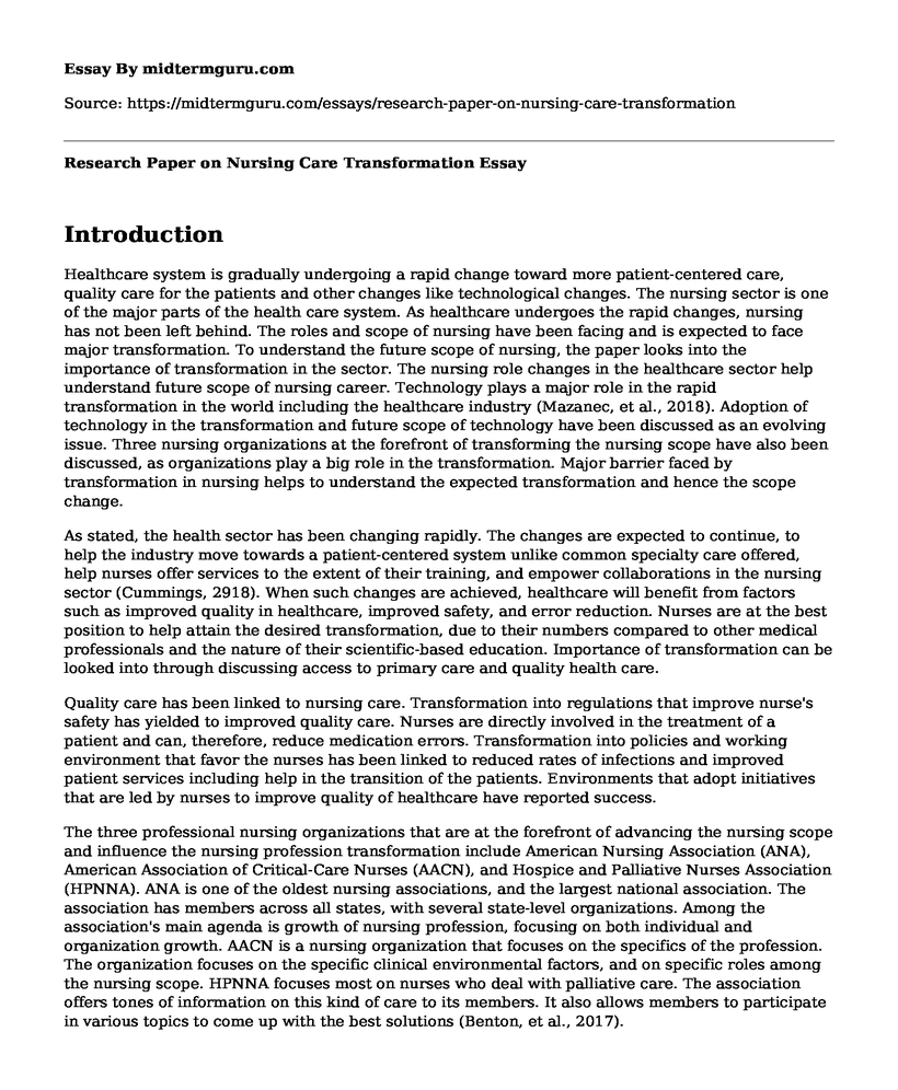 Research Paper on Nursing Care Transformation
