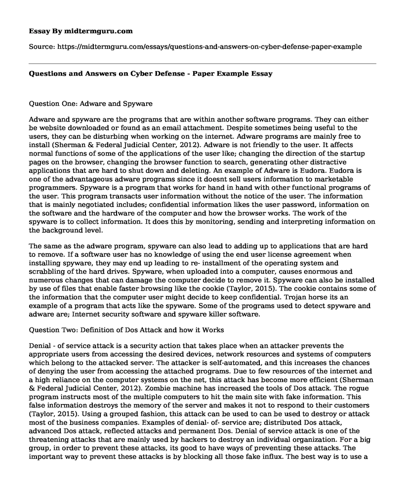 Questions and Answers on Cyber Defense - Paper Example