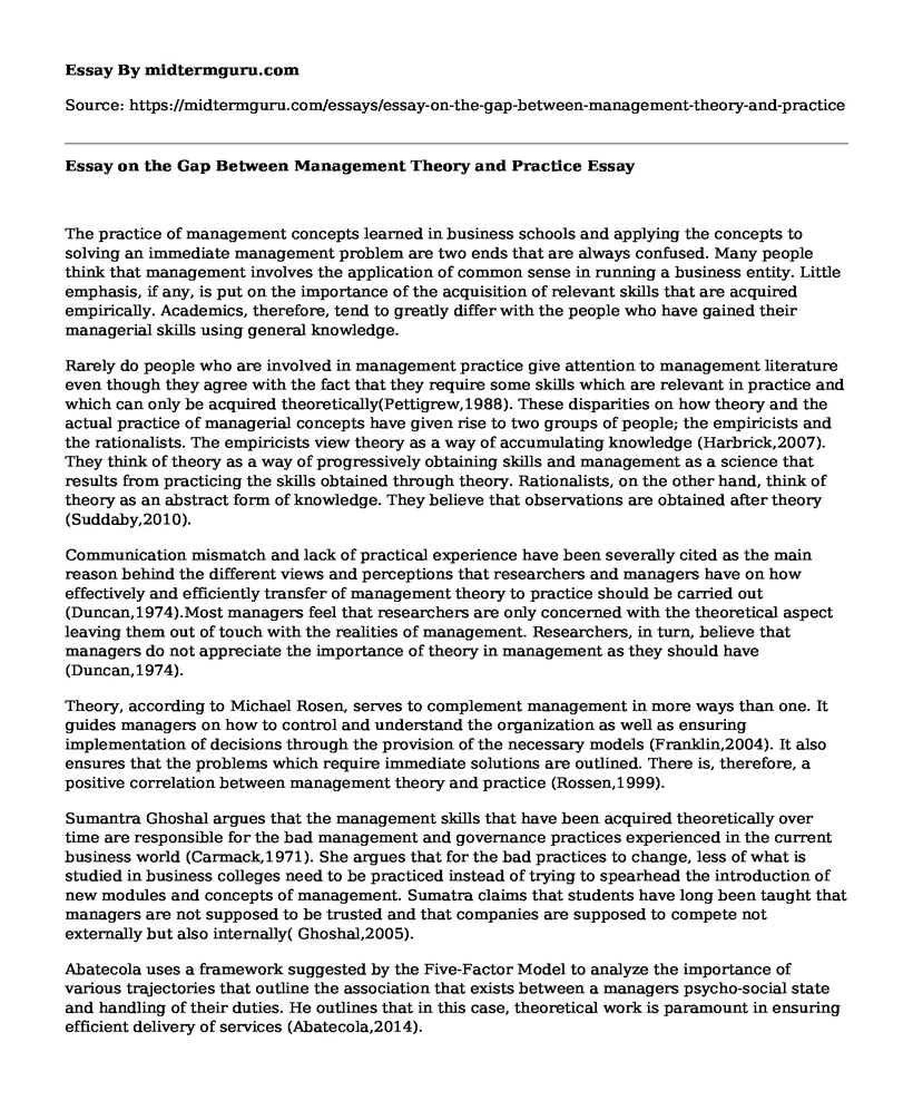 Essay on the Gap Between Management Theory and Practice