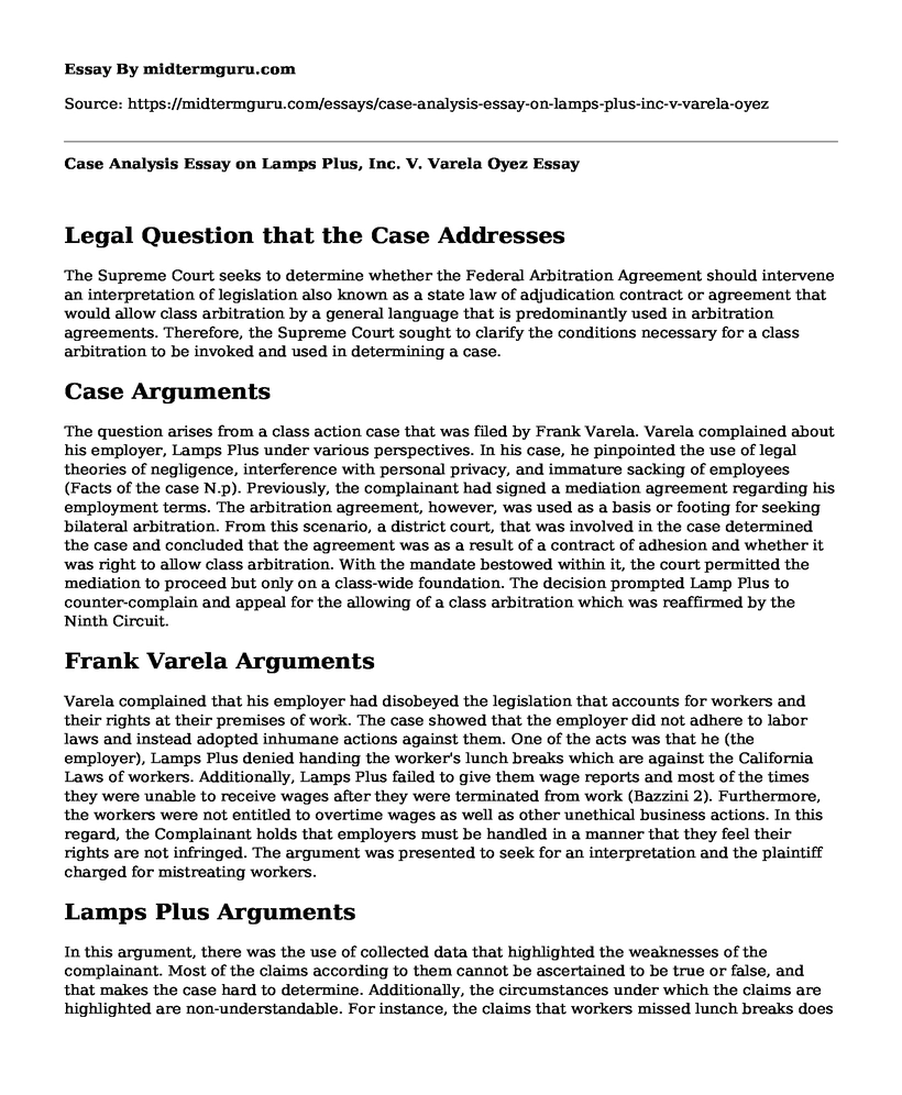 Case Analysis Essay on Lamps Plus, Inc. V. Varela Oyez