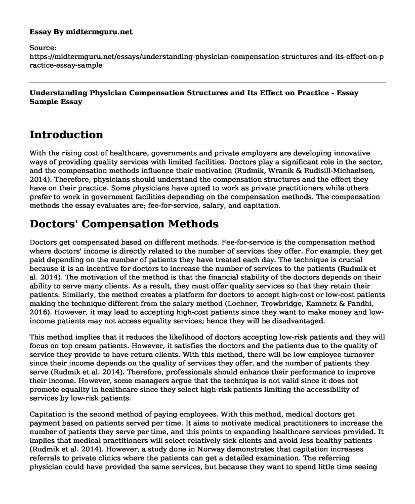 Understanding Physician Compensation Structures and Its Effect on Practice - Essay Sample