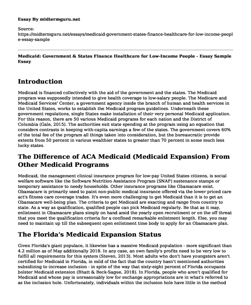 Medicaid: Government & States Finance Healthcare for Low-Income People - Essay Sample