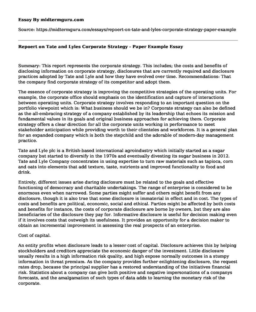 Repoert on Tate and Lyles Corporate Strategy - Paper Example
