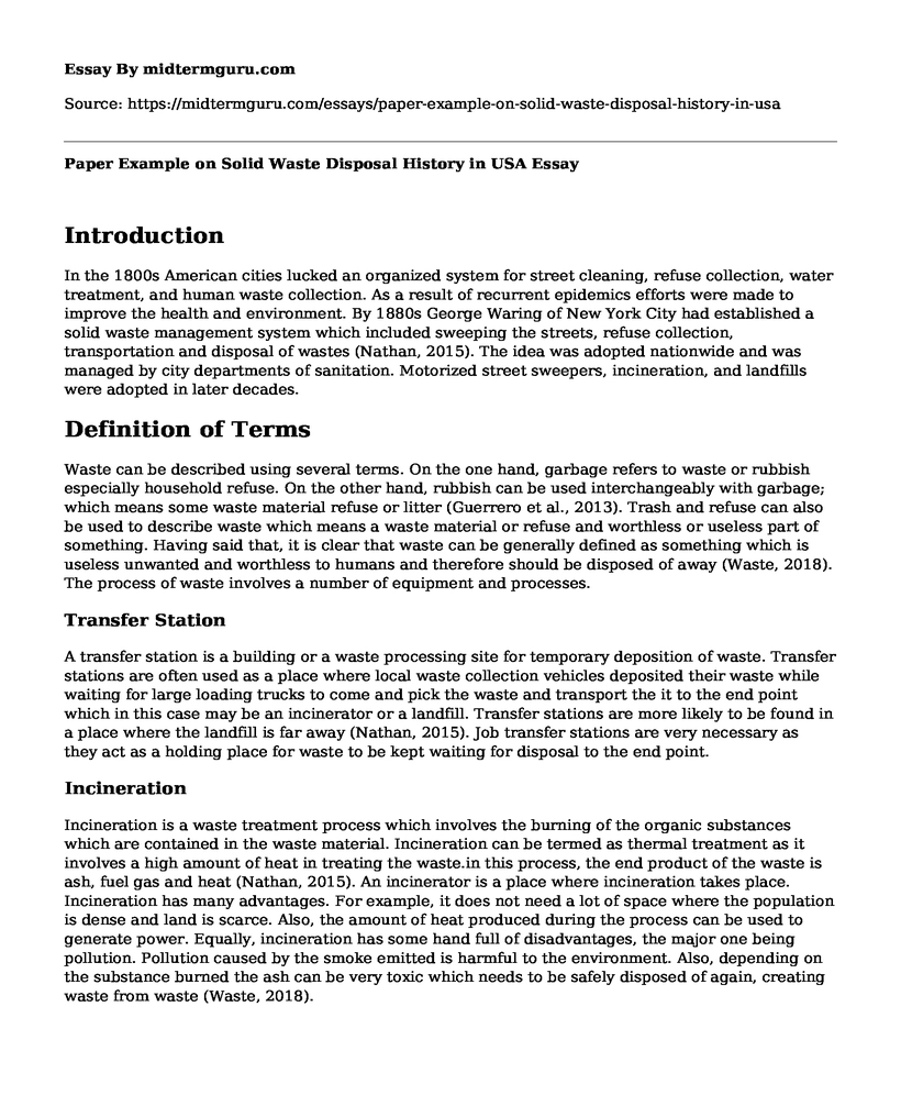 Paper Example on Solid Waste Disposal History in USA