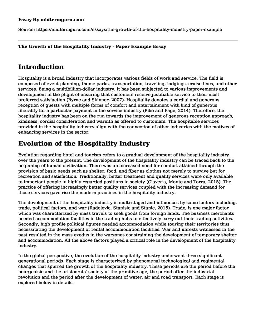 The Growth of the Hospitality Industry - Paper Example