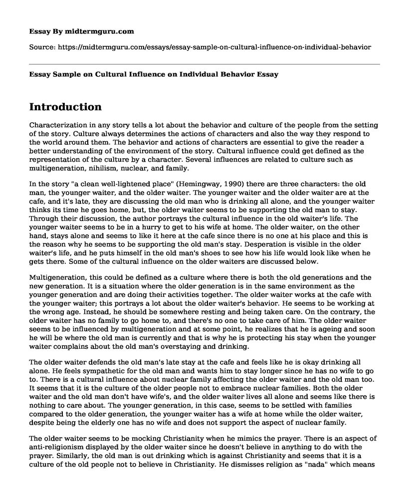 Essay Sample on Cultural Influence on Individual Behavior