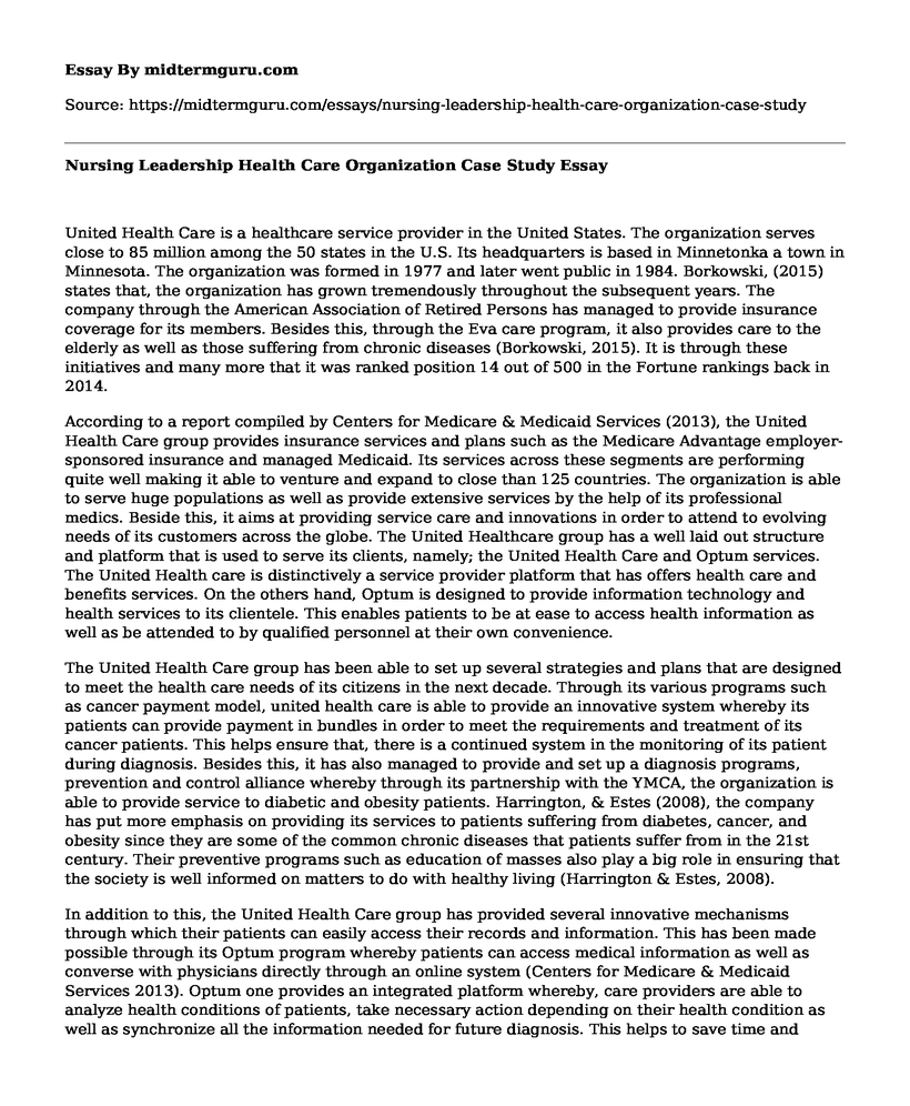 Nursing Leadership Health Care Organization Case Study