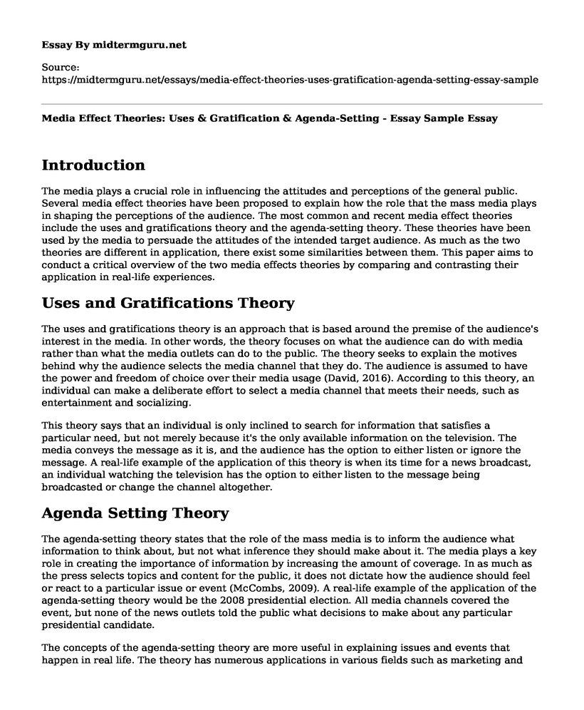 Media Effect Theories: Uses & Gratification & Agenda-Setting - Essay Sample