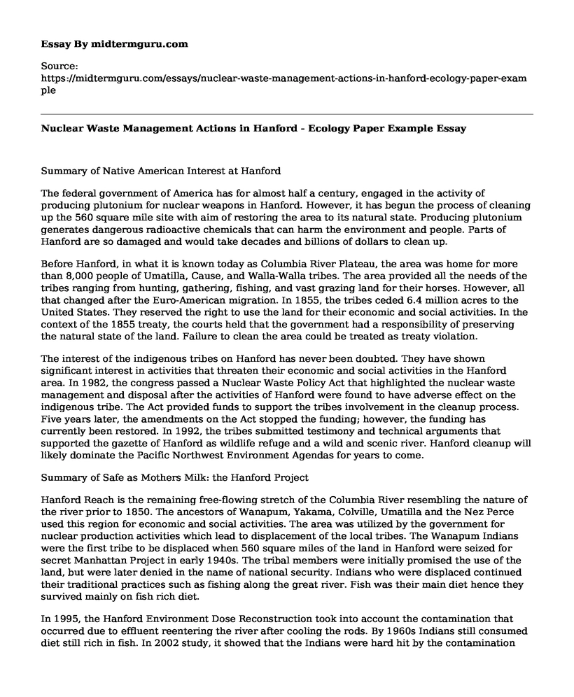 Nuclear Waste Management Actions in Hanford - Ecology Paper Example