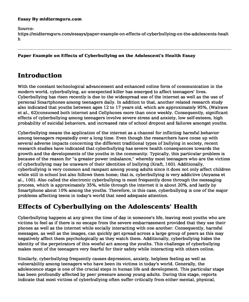 Paper Example on Effects of Cyberbullying on the Adolescent's Health