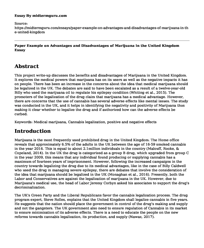 Paper Example on Advantages and Disadvantages of Marijuana in the United Kingdom