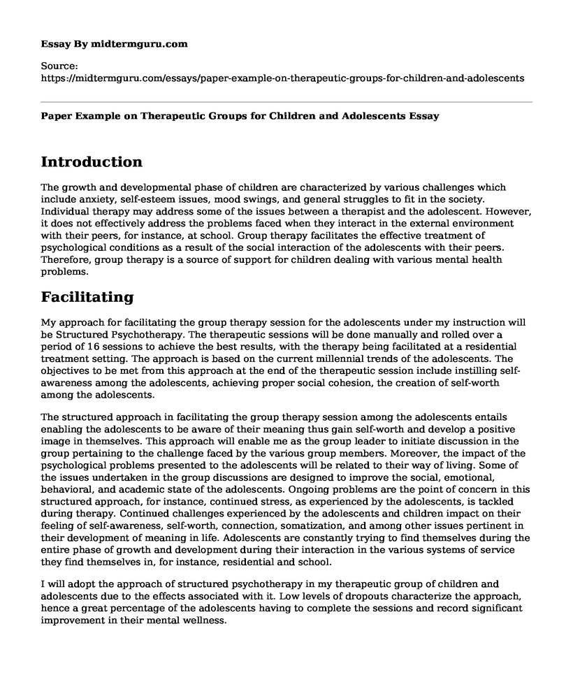 Paper Example on Therapeutic Groups for Children and Adolescents