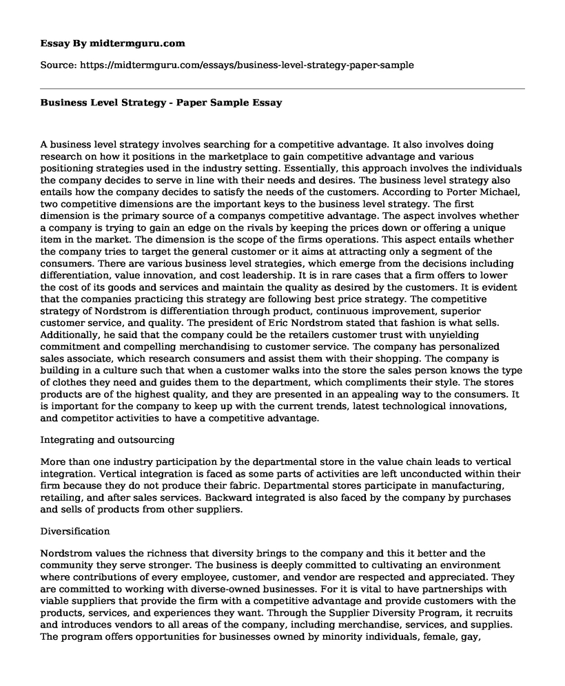 Business Level Strategy - Paper Sample