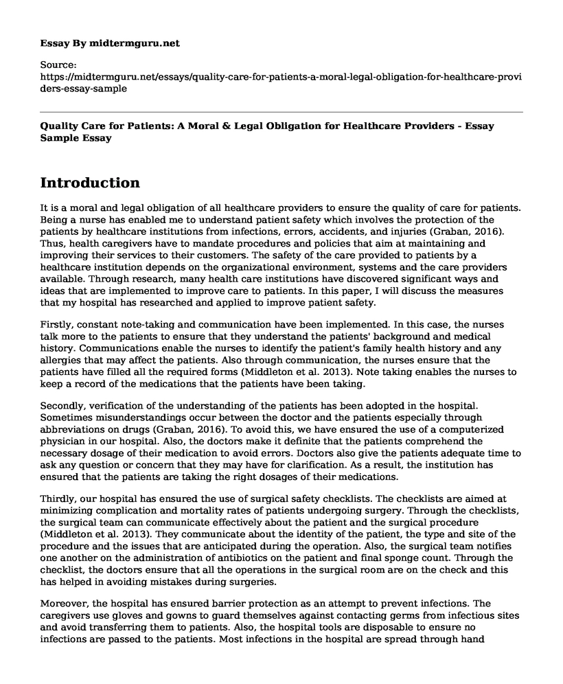 Quality Care for Patients: A Moral & Legal Obligation for Healthcare Providers - Essay Sample