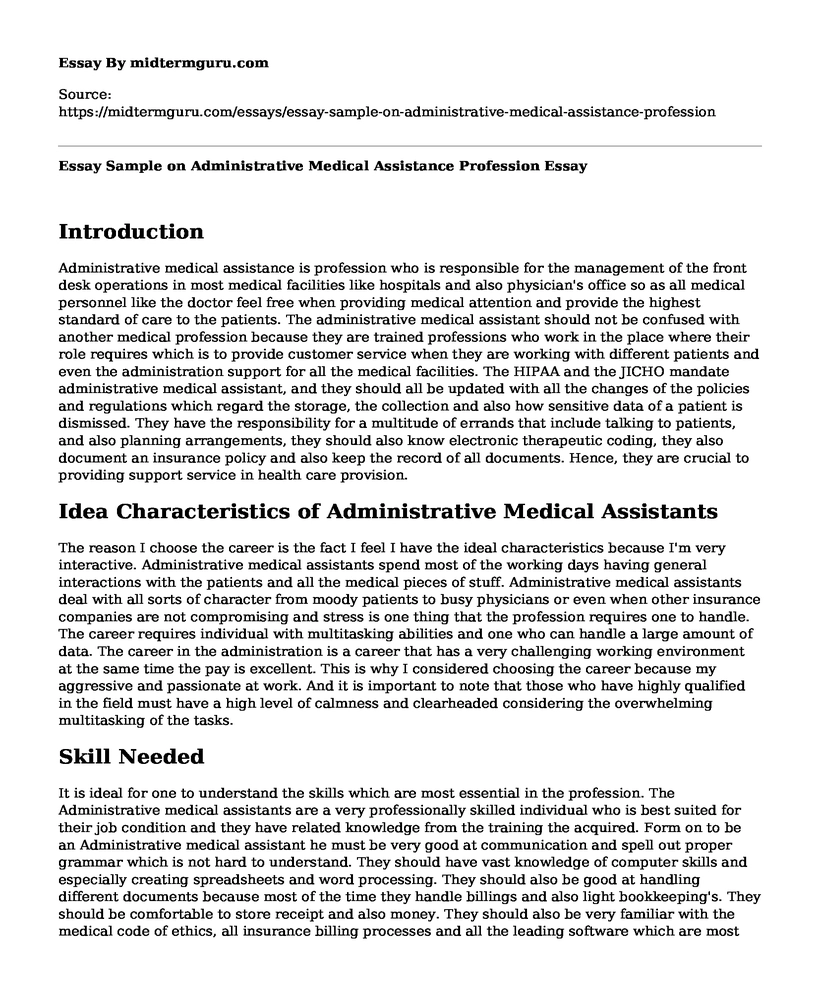 Essay Sample on Administrative Medical Assistance Profession
