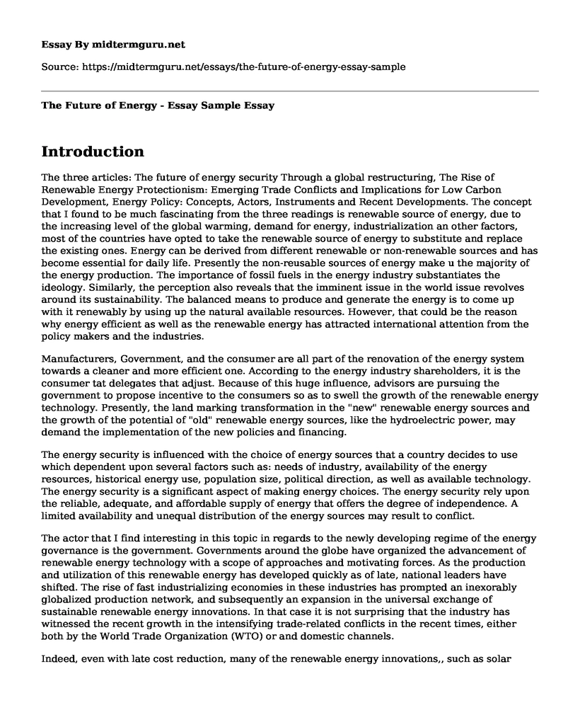 The Future of Energy - Essay Sample