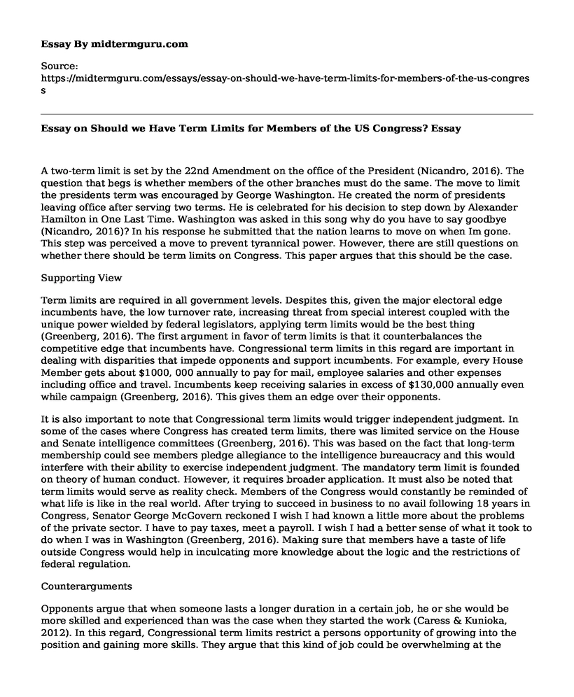 Essay on Should we Have Term Limits for Members of the US Congress?