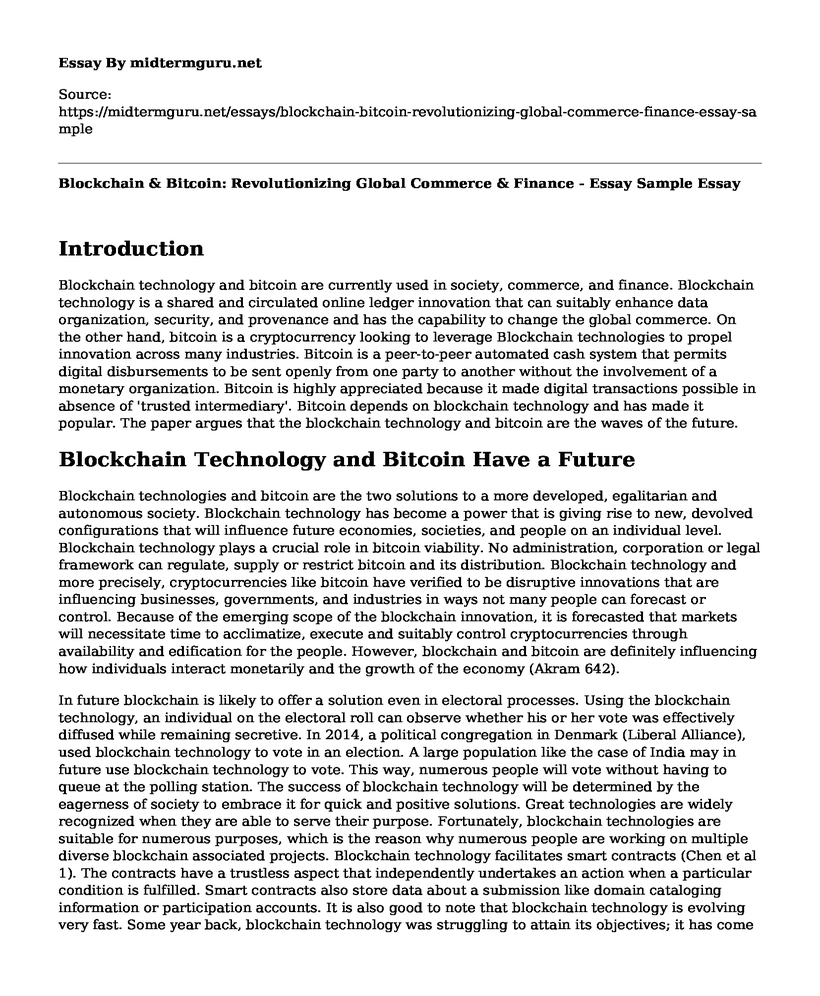 Blockchain & Bitcoin: Revolutionizing Global Commerce & Finance - Essay Sample