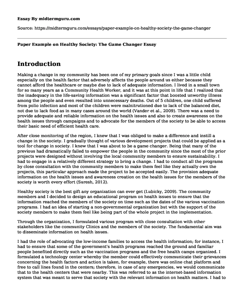 Paper Example on Healthy Society: The Game Changer