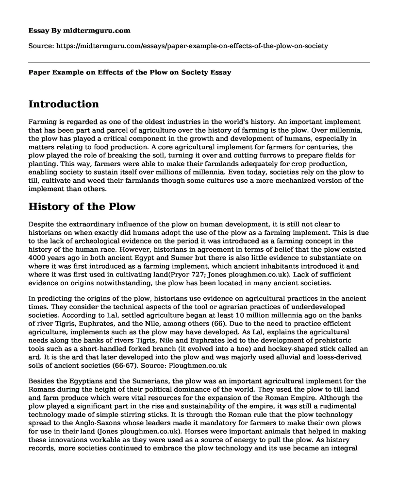 Paper Example on Effects of the Plow on Society