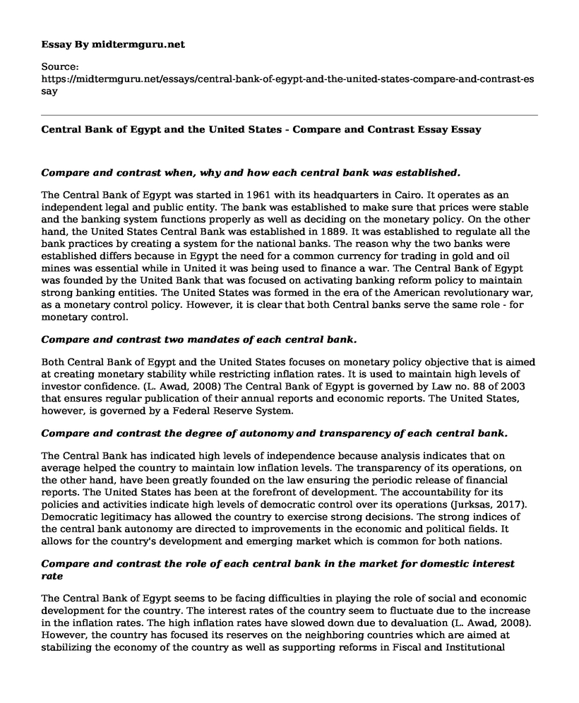 Central Bank of Egypt and the United States - Compare and Contrast Essay
