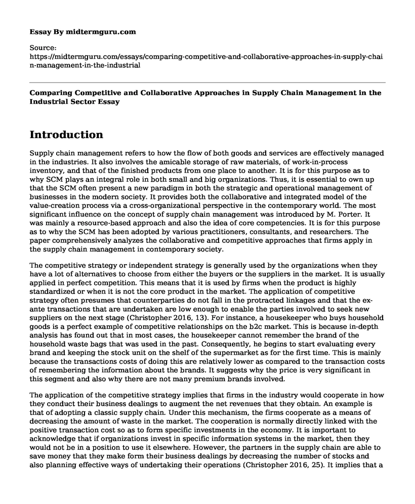 Comparing Competitive and Collaborative Approaches in Supply Chain Management in the Industrial Sector