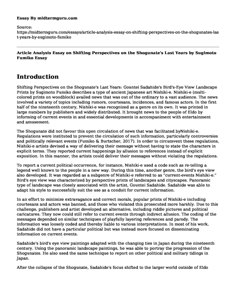 Article Analysis Essay on Shifting Perspectives on the Shogunate's Last Years by Sugimoto Fumiko